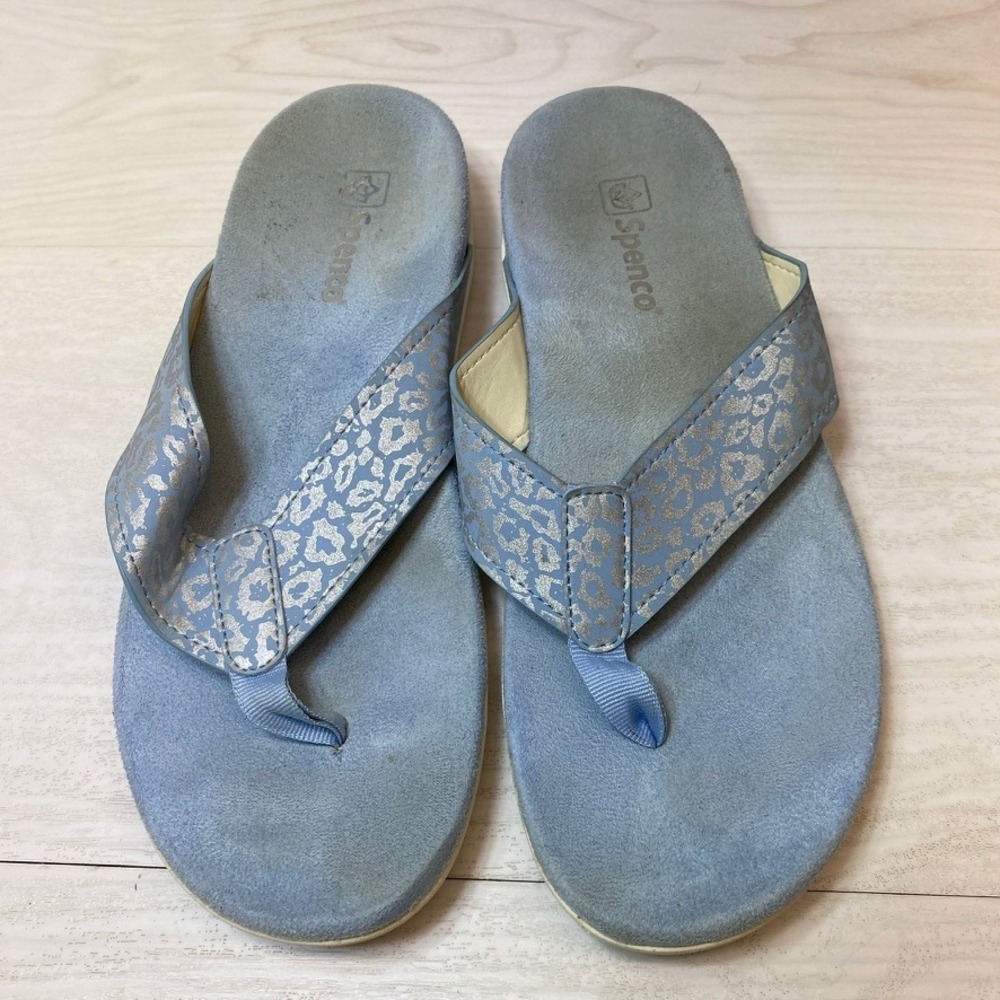 Spenco Womens 11 Flip Flop Sandals Yumi Leopard Blue Suede Orthotic Thong